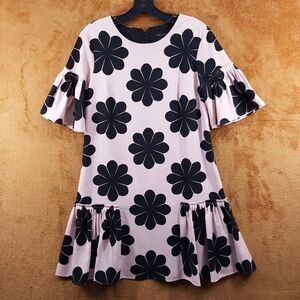 ANN TAYLOR Shift Dress Womens Size 4 Pink Black Floral Pleated Hem Big Flower